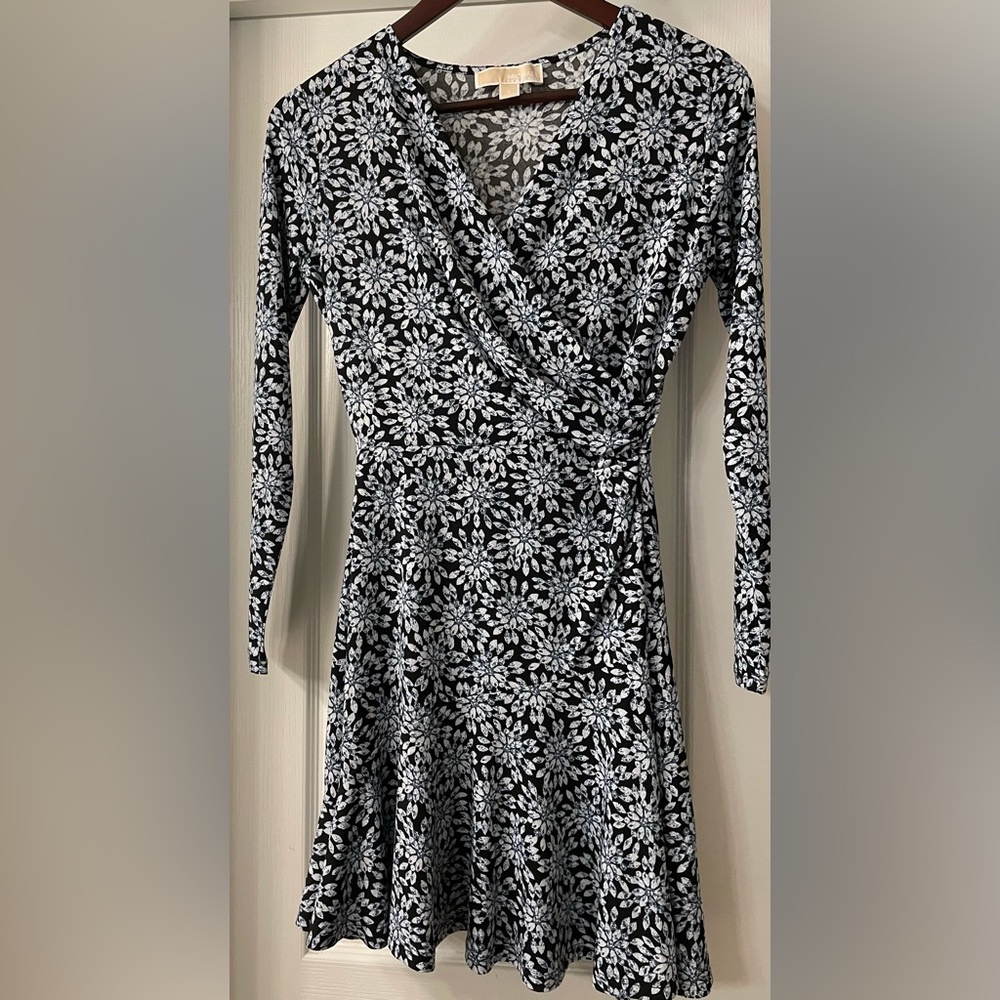 Michael Kors, Blue and White Floral Wrap Style Midi Dress, Petite